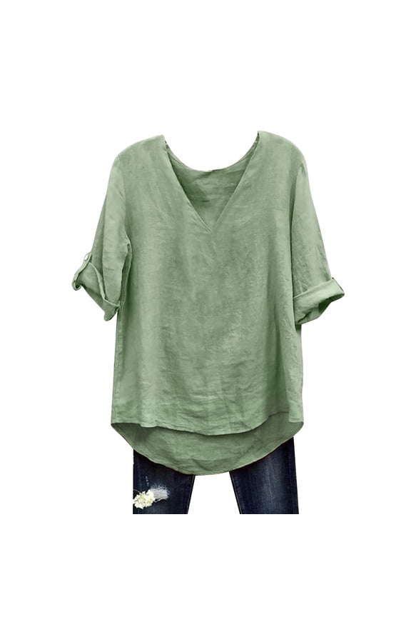 Womens Tops Light Green Ladies' Autumn Casual Loose Fashion Solid Color Cotton Blended Mid Sleeve Top T Shirt M