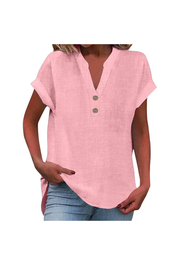Womens Tops Light Pink Ladies' Fashion Casual V Neck Button Short Sleeve T Shirt T Shirt Xxxxl