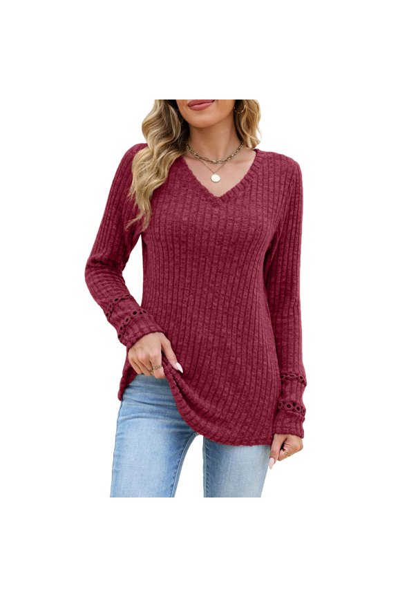 Womens Tops, Lightweight Oversized Long Sleeve Sweaters for Women, Fall Winter Outfits, V Neck Ribbed Knit Tops, for Work, School, Travel, Dating, Vacation