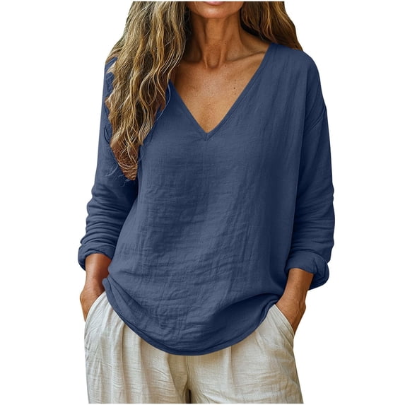 Womens Tops Linen Casual Cotton Spring Tops 2026 V Neck Summer Long Sleeve Shirt Vacation Casual
