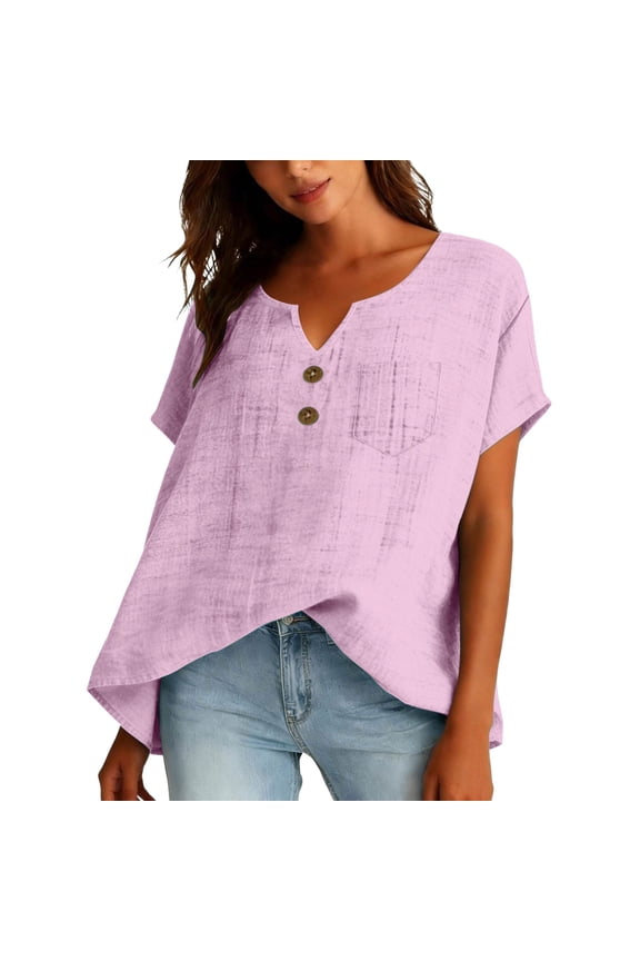 Womens Tops Linen Cotton Solid Color Loose Fit Top with Pockets