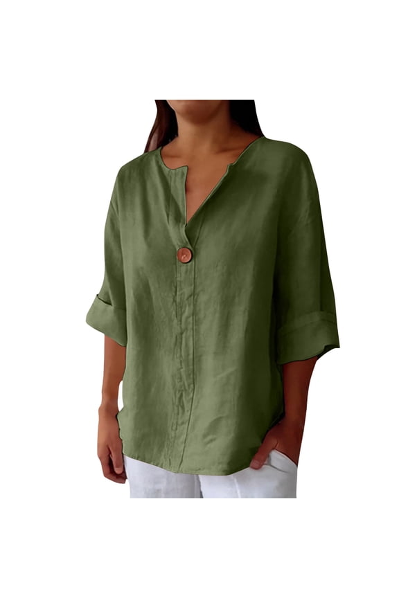 Womens Tops Linen V Neck Half Sleeve Button Up Loose Summer Tops