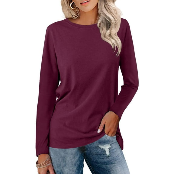 Womens Tops Long Length Sleeve Shirts Casual Loose Fit Crewneck T-shirts Basic Tee Blouses 2024