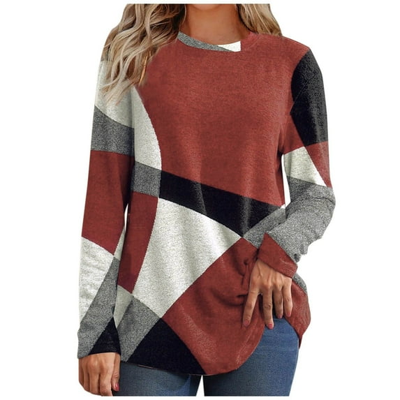 Womens Tops Long Sleeve, Button Down Shirts T Shirt Long Sleeve Women's Thin Geometric Long Sleeve Print Loose Sweatshirt Ribbed Tank Top Trendy Fall Clothes For Women 2023(Red,Large)