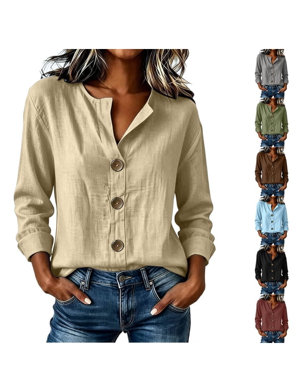 Womens Tops Long Sleeve Button Down Shirts for Women V Neck Cotton Linen Casual Top Fall Clothes Women