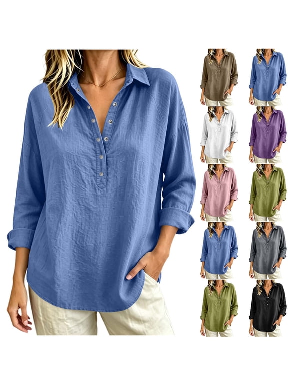 Womens Tops Long Sleeve Cotton Linen Tshirts for Women Curved Hem Button V Neck Collared Fall Top