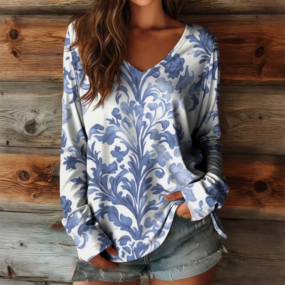 Womens Tops Long Sleeve Crew Neck T-Shirt Trendy Pleated Floral Printed Tunic Blouse Dressy Casual Fall Springs Shirts Multicolor B M