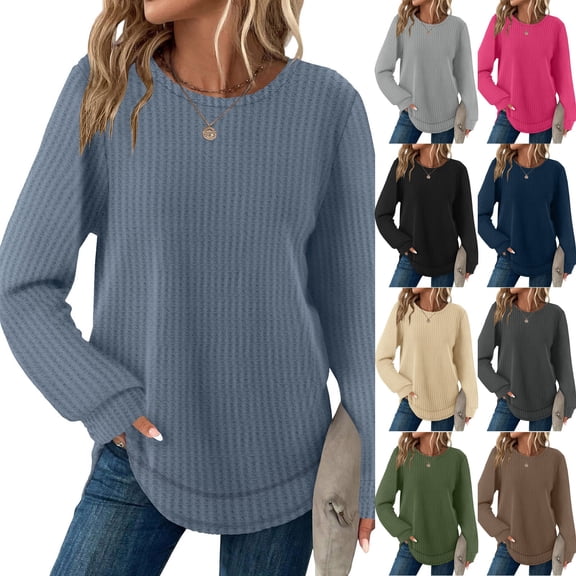 Womens Tops Long Sleeve Crew Neck Top Waffleknit Curved Hem Loose Casual Pullover Workout T Shirts