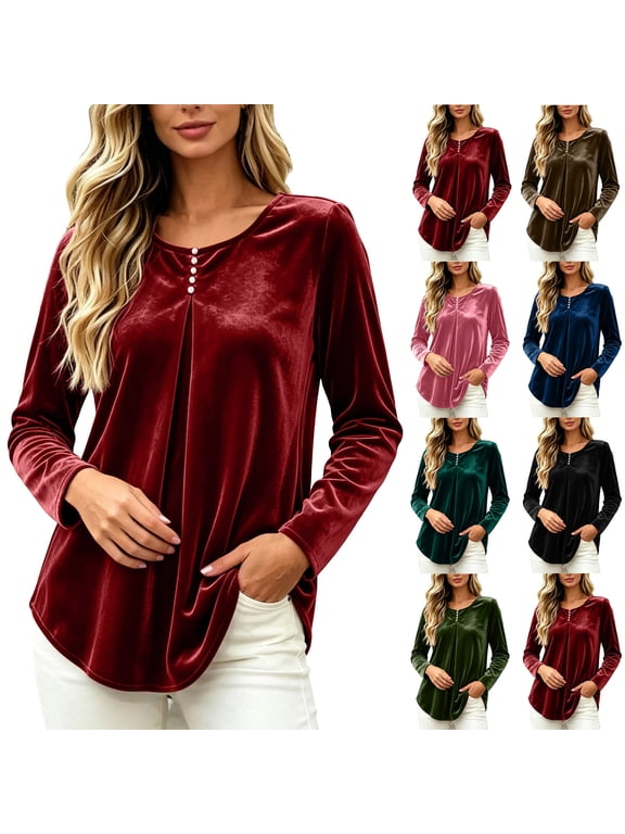 Womens Tops Long Sleeve Crew Neck Tshirts for Women Velour Casual Trendy Fall Tops
