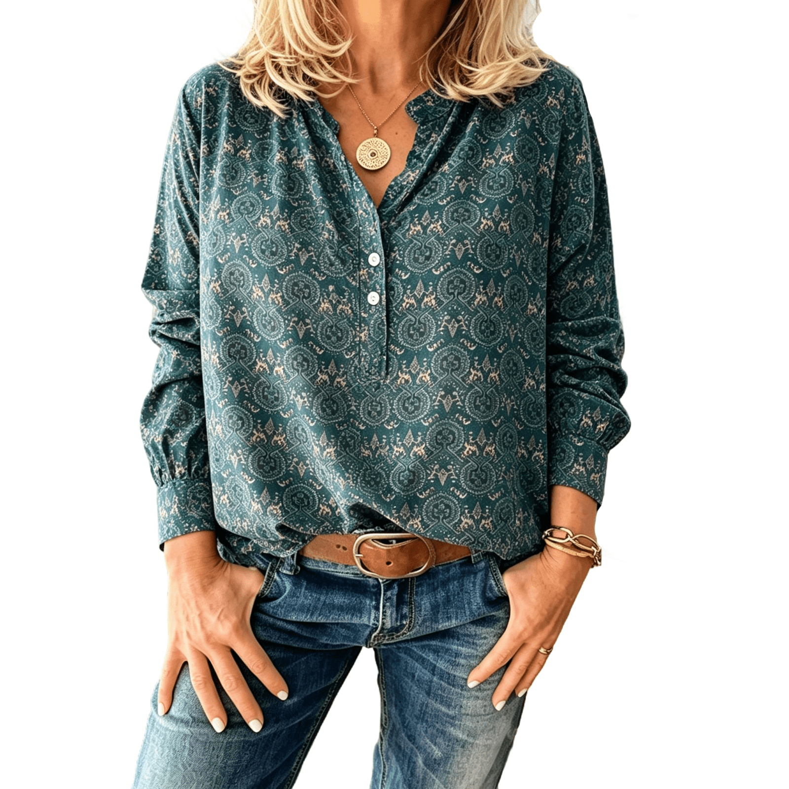 Womens Tops Long Sleeve Henley Boho Soft Shirts V Neck Ethnic Print ...