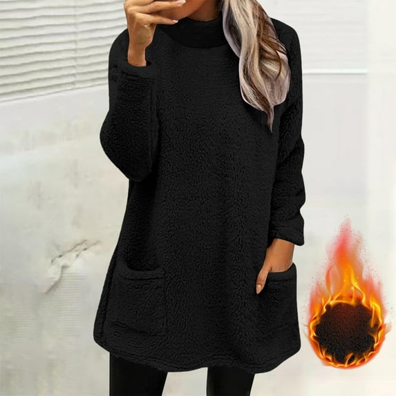 Womens Tops Long Sleeve High Collar Winter Pocket Warm Solid Top Clothes Blouse for Women Black M