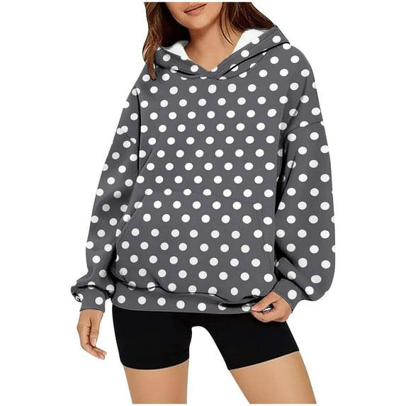 Womens Tops Long Sleeve Hooded Polka Dot Printed Casual Blouse Sweatshirts 1-Gray M