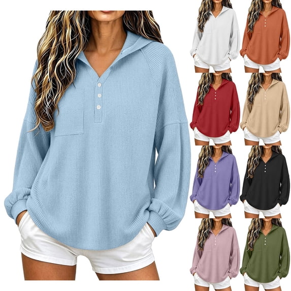 Womens Tops Long Sleeve Hooded Tops for Women Waffleknit V Neck Loose Casual Pullover Going Out Top