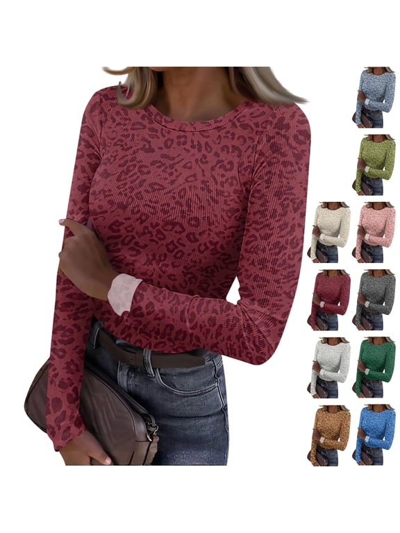 Womens Tops Long Sleeve Leopard Print Slim Fit Ribbed Cheetah Crew Neck Thermal Underwear Tops Trendy Undershirts Red M