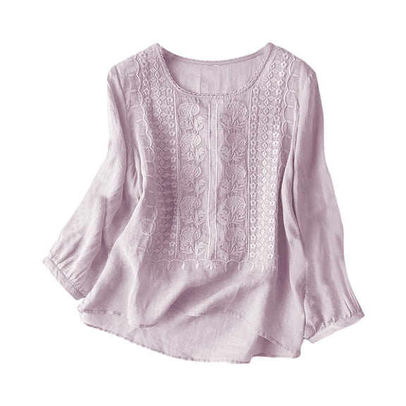 Womens Tops Long Sleeve Linen Cotton Top With Embroidery Breathable Casual Blouse Cotton And Linen Blend Soft Skin-Friendly L Sweaters For Women