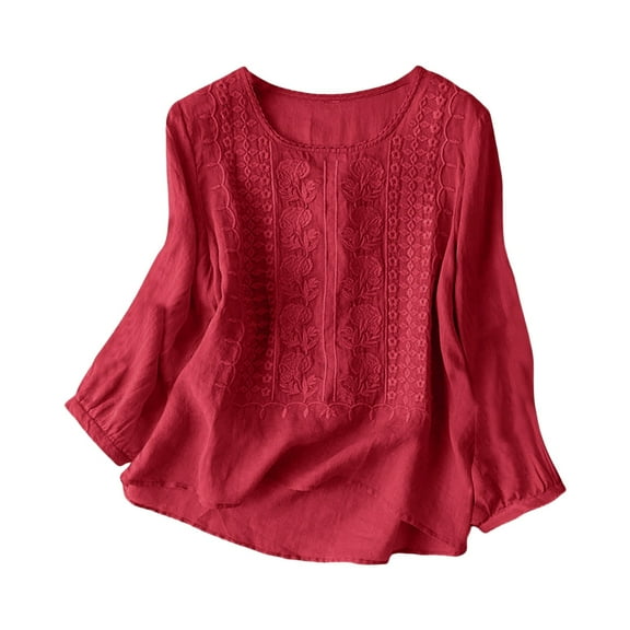 Womens Tops Long Sleeve Linen Cotton Top With Embroidery Breathable Casual Blouse Cotton And Linen Blend Soft Skin-Friendly L Sweaters For Women