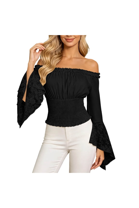 Womens Tops Long Sleeve One Shoulder Tops for Women, Lace Patchwork Flared Long Sleeve Shirts, Fashion Smocked Waist Cropped Blouse