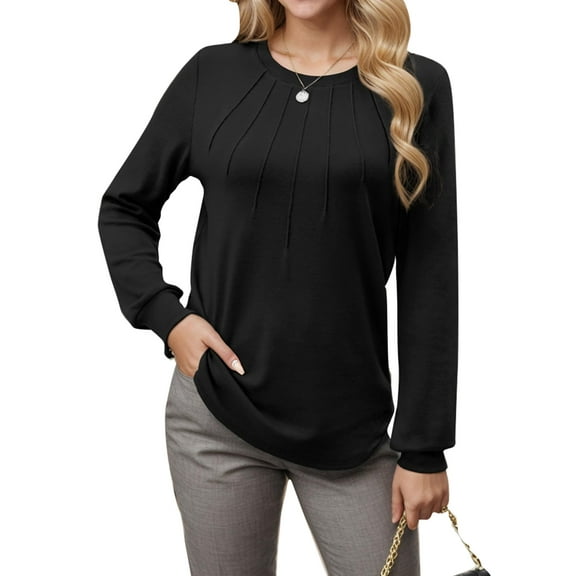 Womens Tops Long Sleeve Pleated Round Neck Casual Loose Solid Color Top