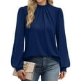thumbnail image 1 of Womens Tops Long Sleeve Pleated Round Neck Stand Collar Shirt Tee Top Navy S,Blouse for Women, 1 of 3