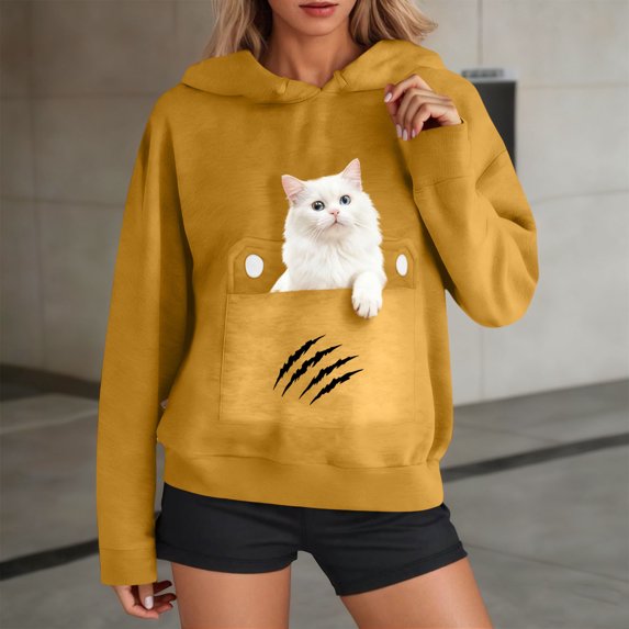 WHLBF Womens Tops Long Sleeve Pocket Hooded Printed Sweatshirt,Sweatshirts for Women Yellow L