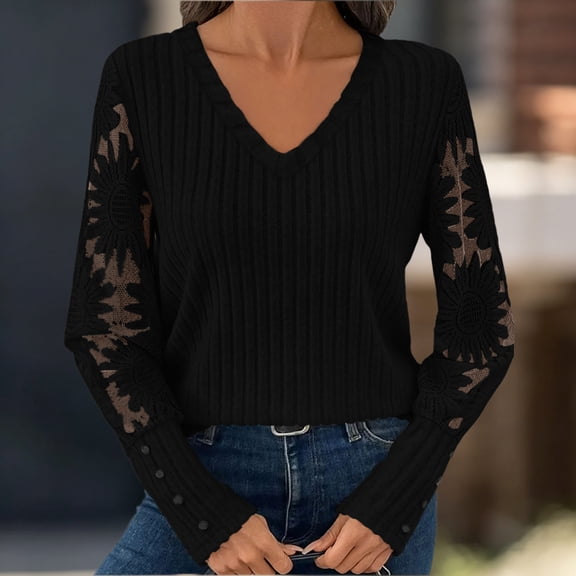 Womens Tops Long Sleeve Ribbed Knitted Tshirts for Women Lace Splice V Neck Slim Fall Winter Top