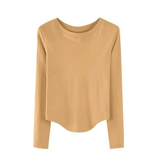 Womens Tops Long Sleeve Round Neck Casual Internal Construction Solid Color Shirt Beige M,Blouse for Women