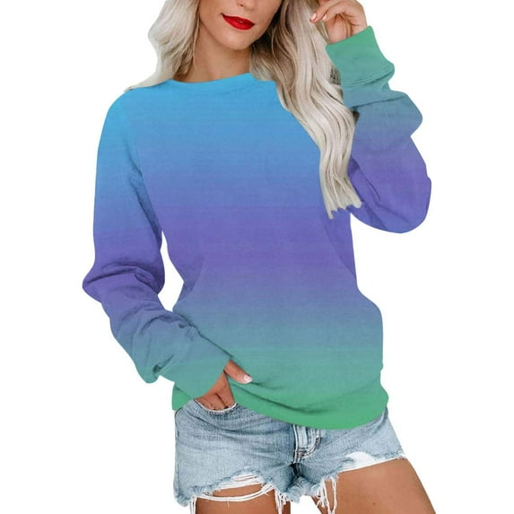 Womens Tops Long Sleeve Round Neck Casual Print Sweatshirt Plus Size Tops for Women Light Blue L