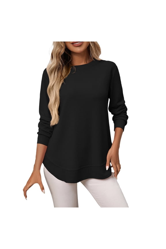 Womens Tops Long Sleeve Round Neck Shirts Side Split Basic Loose Tops Casual Crew Neck Tops A Little Run Big Blouses For Women