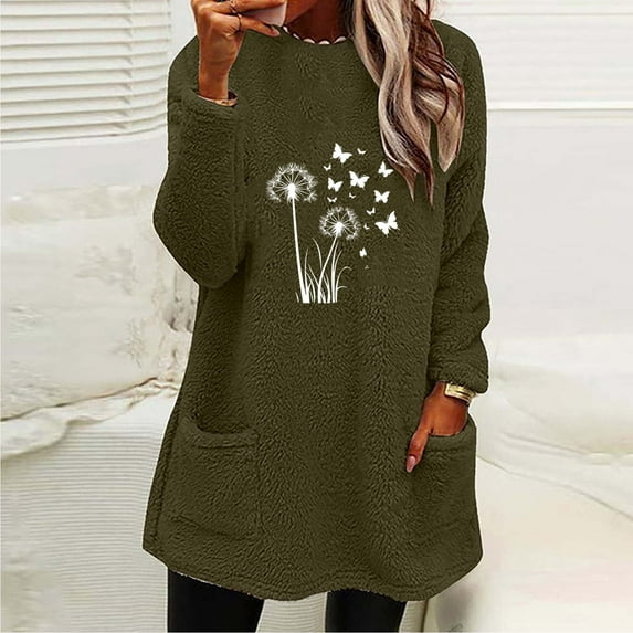 Womens Sweatshirt Long Sleeve Round Neck Pocket Loose Solid Warm Blouse Army Green M