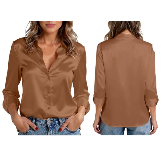 Womens Tops Long Sleeve Satin Silk Button Down Shirts Casual Business Dressy Blouses Fall Clothes Brown XL