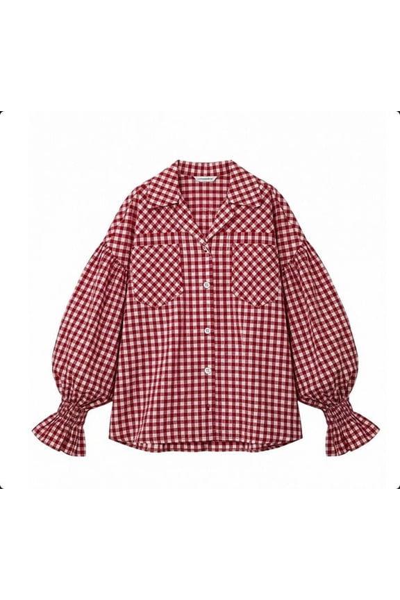 Womens Tops Long Sleeve Scoop Neck Shirts Red Checkered Button Front Loose Fit Shirt For Casual Blouse Classic Plaid Pattern Basic Tees XL-5XL