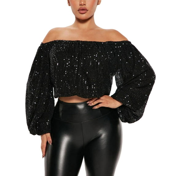 Womens Tops Long Sleeve Sequin Tops for Women Off The Shoulder Glitter Sparkly Dressy Party Shirts Holiday Evening T Shirts for Women