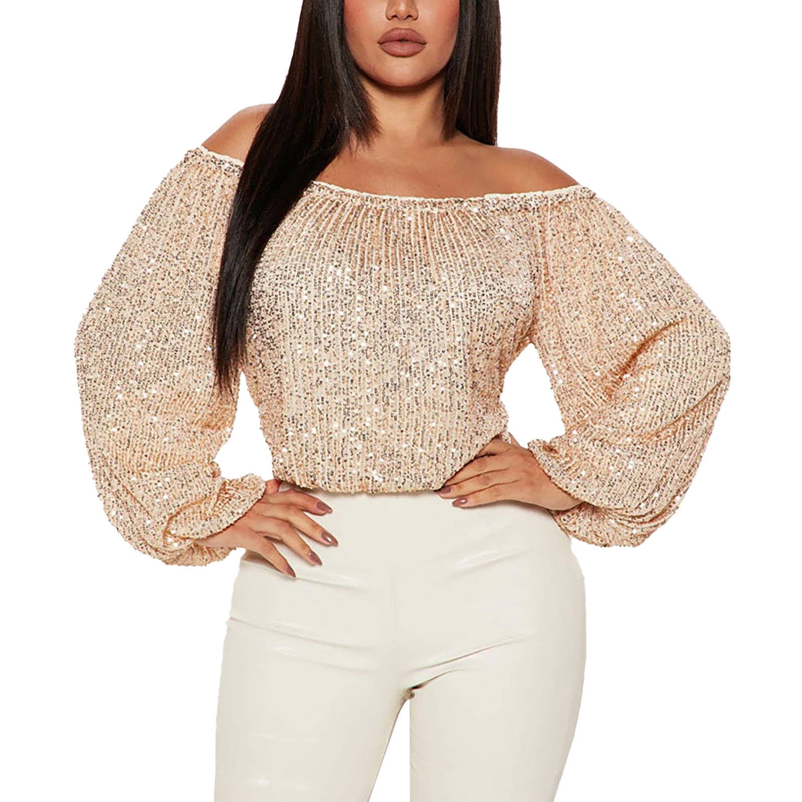 CRNTCEM Womens Sequin Tops Sequin Mesh Long Sleeve Casual