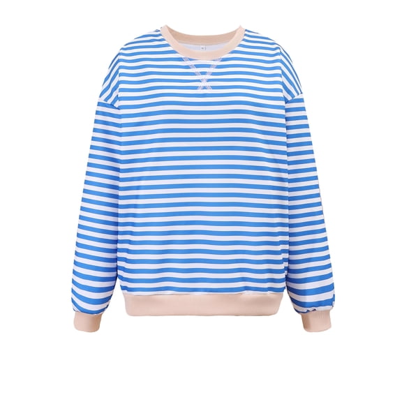 Womens Tops Long Sleeve Shirt Crew Neck Stripe Sweatshirt Color-blocaked Blouses for Women Blue, Size S to XL
