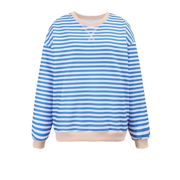 Womens Tops Long Sleeve Shirt Crew Neck Stripe Sweatshirt Color-blocaked Blouses for Women Blue, Size S to XL