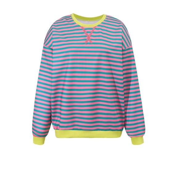 Womens Tops Long Sleeve Shirt Crew Neck Stripe Sweatshirt Color-blocaked Blouses for Women Pink, Size S to XL
