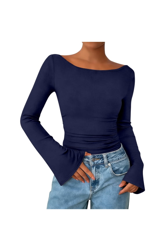 Womens Tops Long Sleeve Shirts 2026 Spring Crop Going Out Tops Casual Boat Neck Bell Sleeve Ribbed Ruched Clothes on Sale