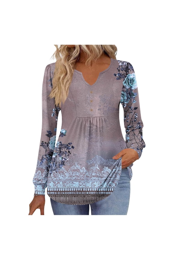 Womens Tops Long Sleeve Shirts Button V Neck Loose Casual Blouses Floral Print Pleated Vacation Tshirts