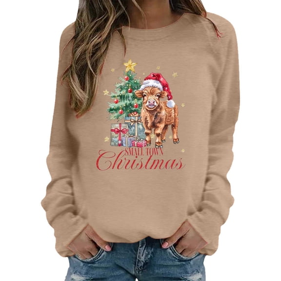 Womens Tops Long Sleeve Shirts Cow Christmas Print Sweatshirts Festive Western Graphic Pullover Casual Soft Crewneck Fall Clothes for Women Tees Blouses Khaki L