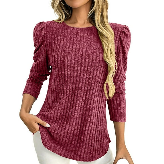 Womens Tops Long Sleeve Shirts Crewneck Puffed Sleeve Ribbed Solid Fall Clothes for Women Tees Blouses Red L