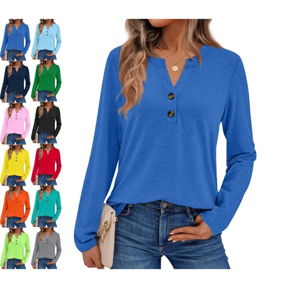 Womens Tops Long Sleeve Shirts Fall Fashion Clothes Henley Casual Blouses Trendy 2025 3XL Polyester