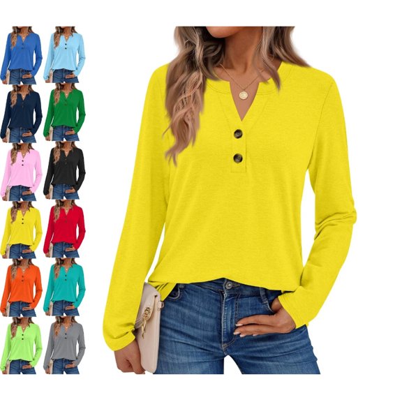 Womens Tops Long Sleeve Shirts Fall Fashion Clothes Henley Casual Blouses Trendy 2025 M Polyester