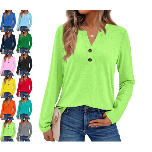 Womens Tops Long Sleeve Shirts Fall Fashion Clothes Henley Casual Blouses Trendy 2025 S Polyester