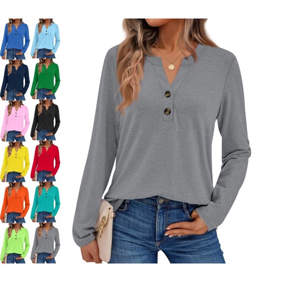 Womens Tops Long Sleeve Shirts Fall Fashion Clothes Henley Casual Blouses Trendy 2025 S Polyester