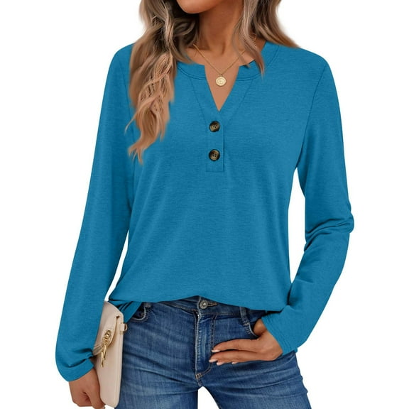 Womens Tops Long Sleeve Shirts Fall Fashion Clothes Henley Dressy Casual Blouses Trendy 2025 Turquoise L