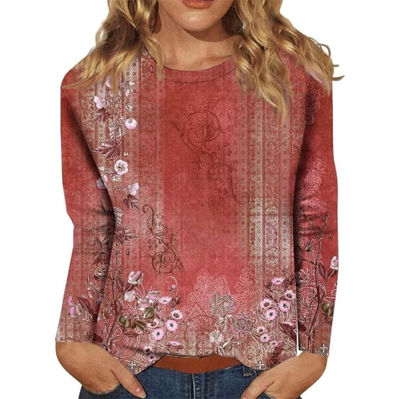 Womens Tops Long Sleeve Shirts For Women Womens T Shirts Long Sleeve Crew Neck Shirts Basic Tee Sort Comfy Printed Tops Blouse