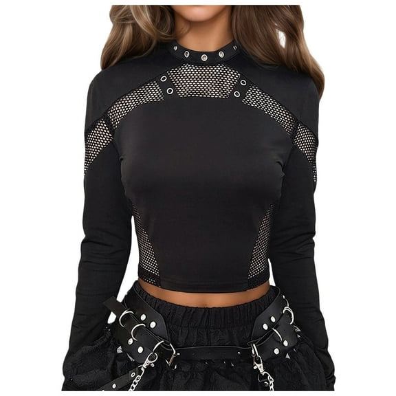 Womens Tops Long Sleeve Shirts Gothic Punk Mesh Cutout Slim Fit Fashion Basic Casual Fall Clothes for Women Tees Blouses Black L