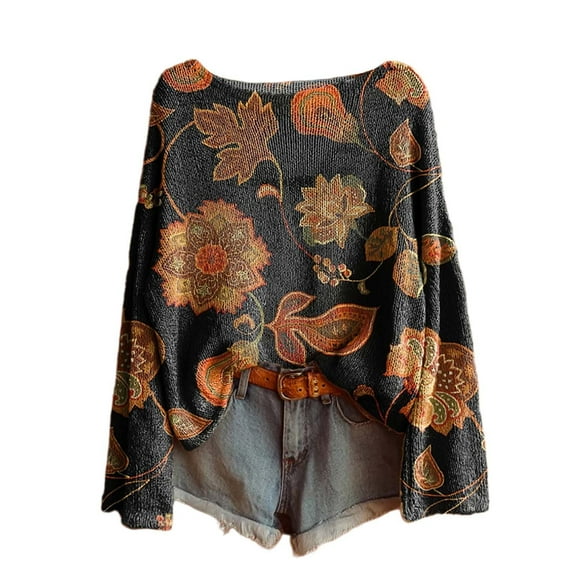 Womens Tops Long Sleeve Shirts Print Loose Fit Soft Brushed Casual Fall Clothes for Women Tees Blouses Black 2XL