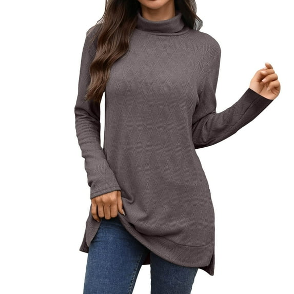 Womens Tops Long Sleeve Shirts Turtleneck Knit Loose Fit Casual Split Hem Soft Stretch Basic Fall Clothes for Women Tees Blouses Coffee M