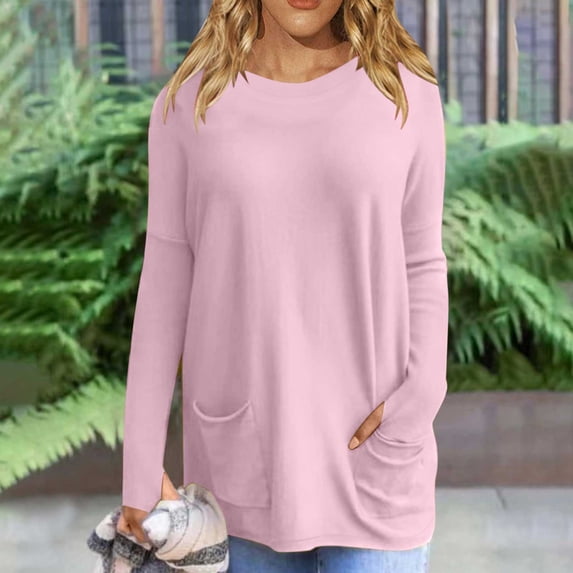 Womens Tops Long Sleeve Solid Round Neck Pocket Blouse Pink XXXXL
